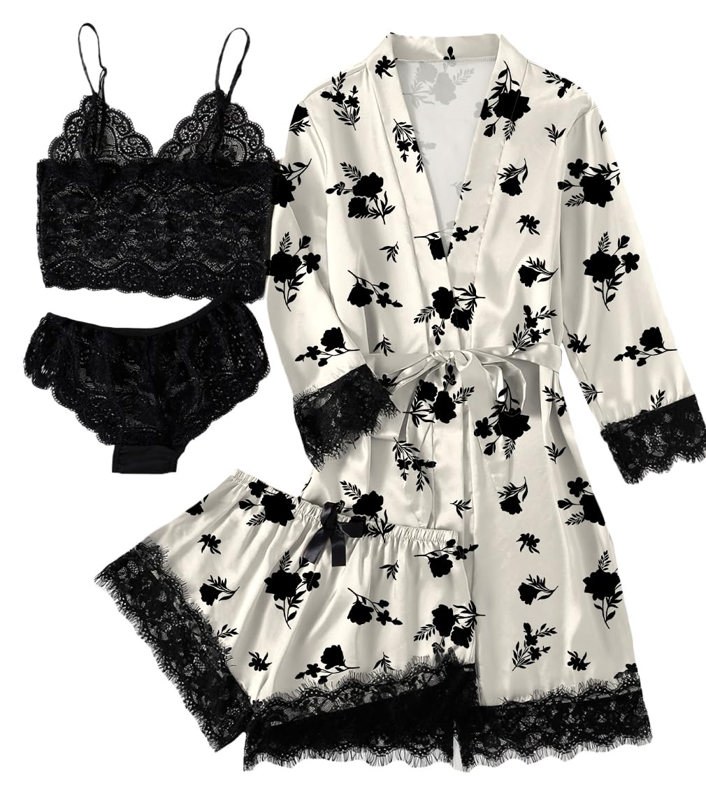 LYANER Women's Sexy Silk Satin Pajamas Set 4pcs Lingerie Nightwear Floral Lace Cami Pjs Sleepwear with Robe