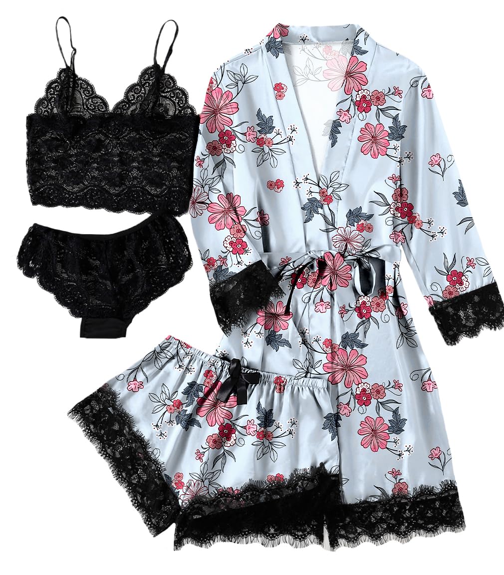 LYANER Women's Sexy Silk Satin Pajamas Set 4pcs Lingerie Nightwear Floral Lace Cami Pjs Sleepwear with Robe