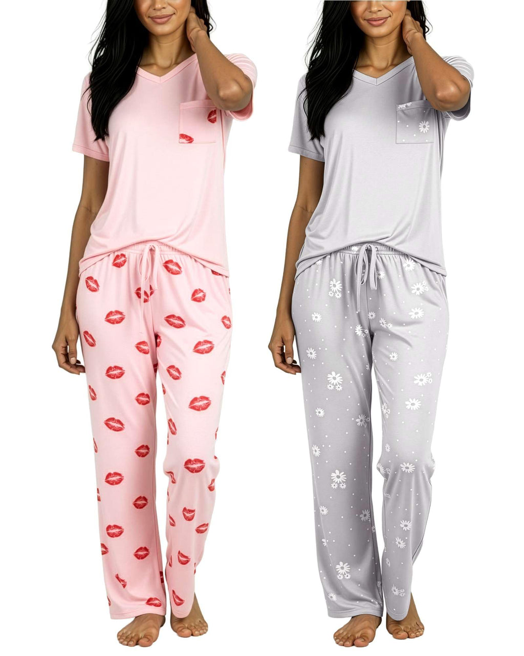 Real Essentials 2 Pack: Women's Comfy Pajama Sets - Short Sleeve Ladies Loungewear Sleepwear PJs (Available In Plus)