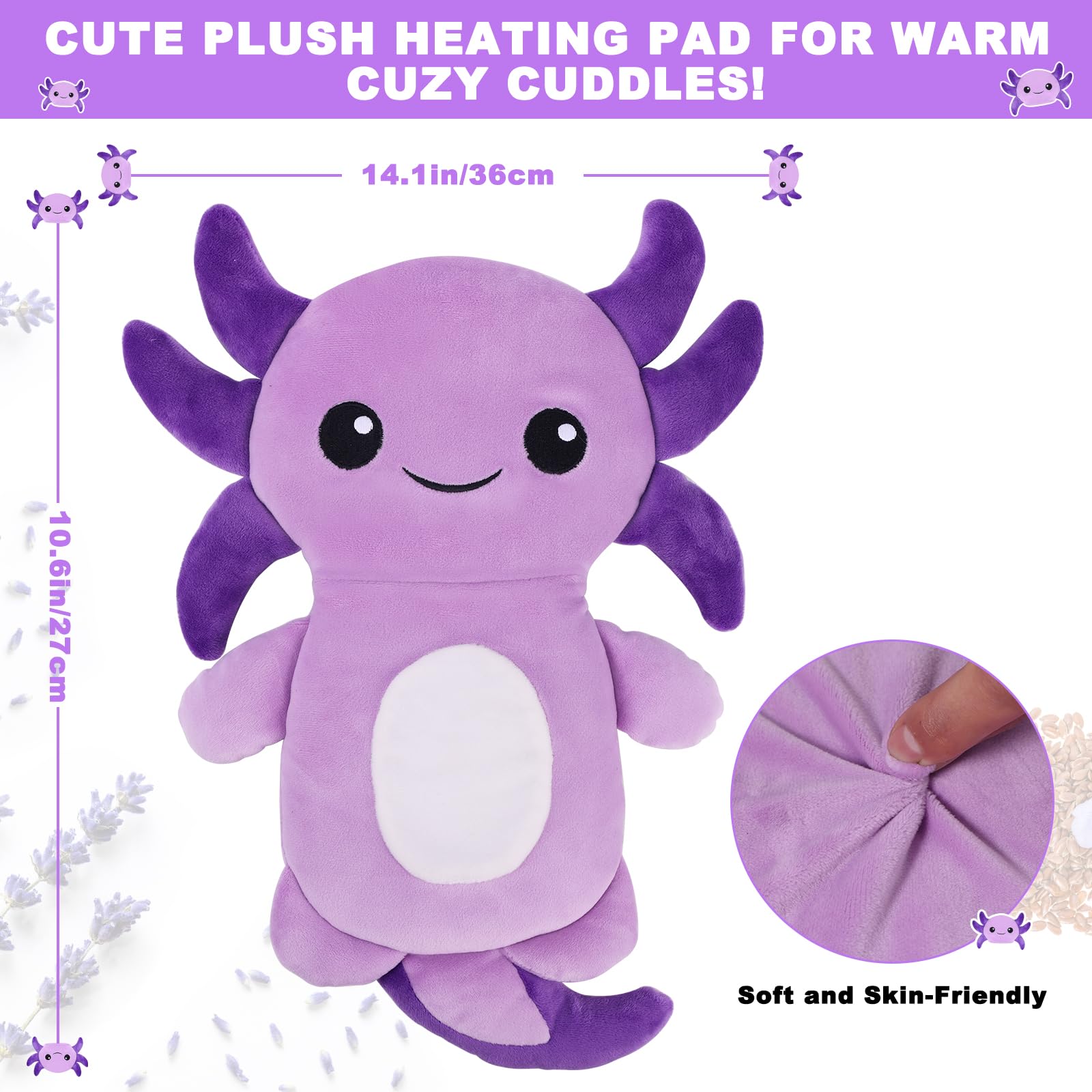 Microwavable Heating Pads for Cramps, Cute Microwave Heating Pad Period Cramps Pain Relief for Women & Girls, Stuffed Animals Moist Heat Pad for Menstrual-Washable Heat Pack (Purple Axolotl)