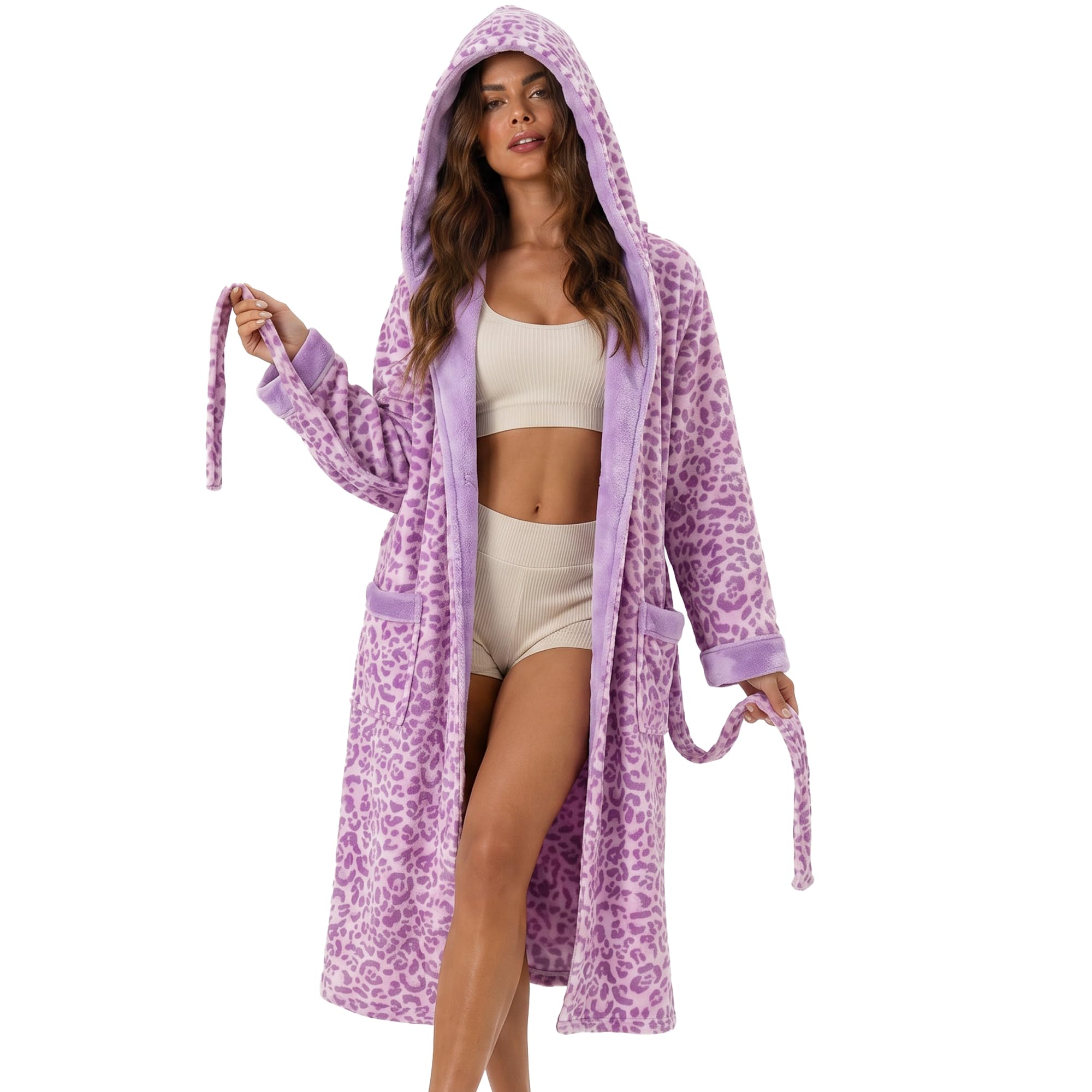 U2SKIIN Womens Hooded Fleece Robes, Soft Plush Long Bathrobe, Comfy Housecoat for Womens