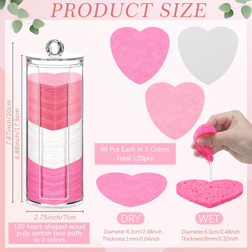 Sieral 120 Pcs Compressed Facial Sponges for Women with Container Disposable Face Sponge Pads for Mask Washing Face Cleansing Exfoliating Pore Esthetician Makeup Removal(Heart,Multicolor)