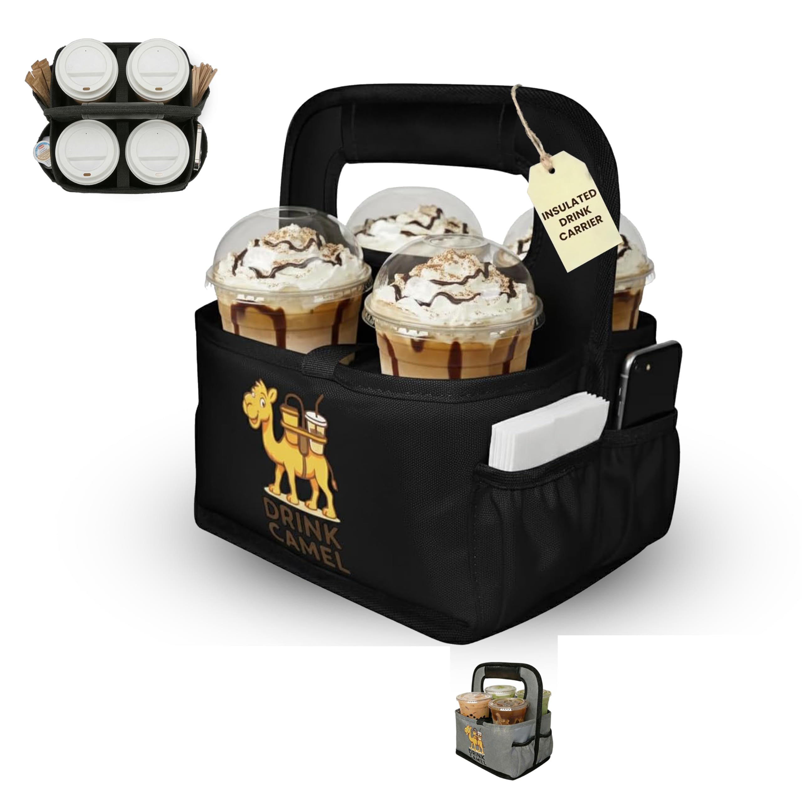 Reusable Drink Carrier with Handle – Durable No-Spill Insulated & Collapsible Beverage Bag with Pockets, Portable Caddy for On-the-Go Delivery, Travel & Car Use (6 Cup Carrier, Jet Black)