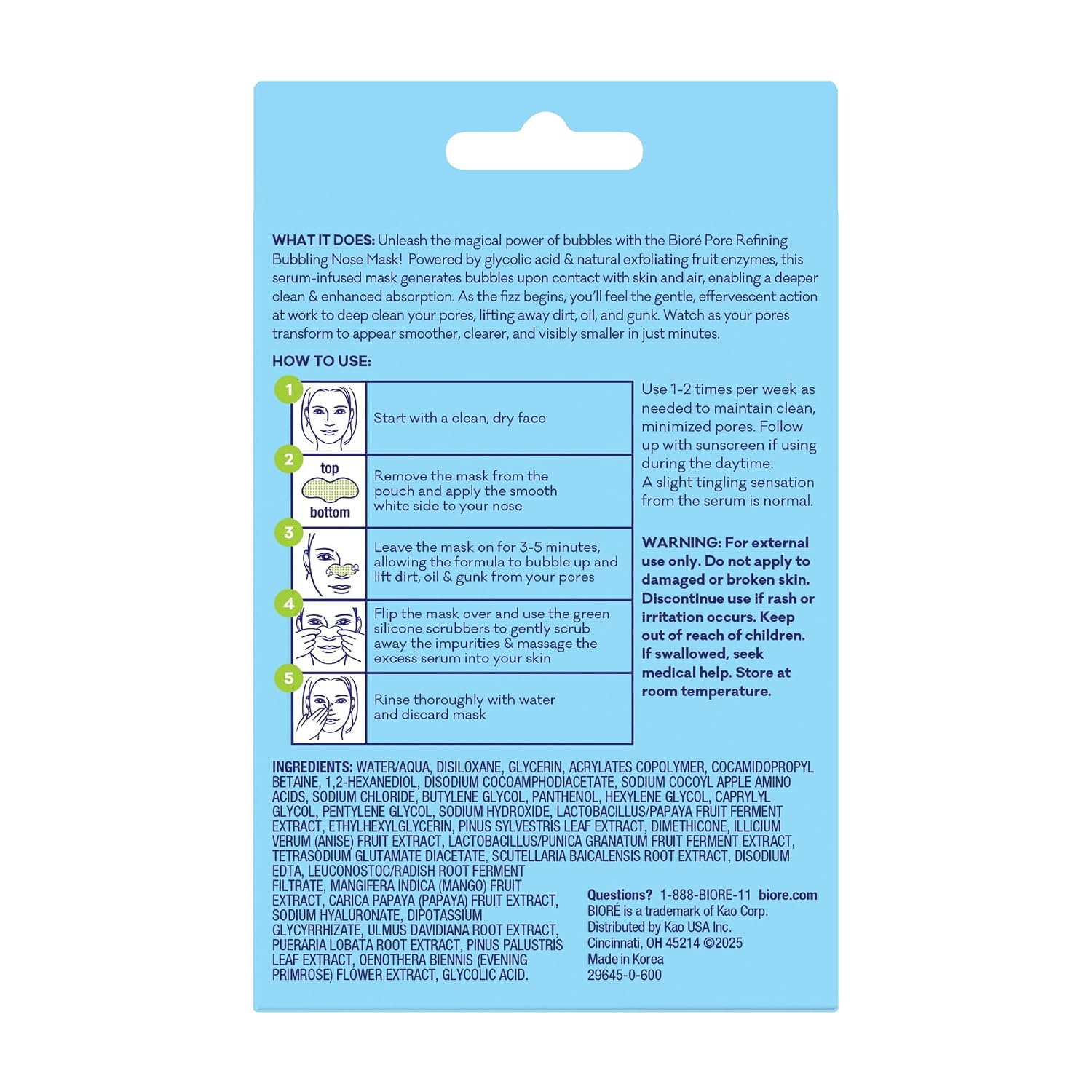 Biore Pore Refining Bubbling Nose Mask, Glycolic Acid and Hyaluronic Acid Exfoliant for Face, Pore Cleansing Mask, 8 Ct