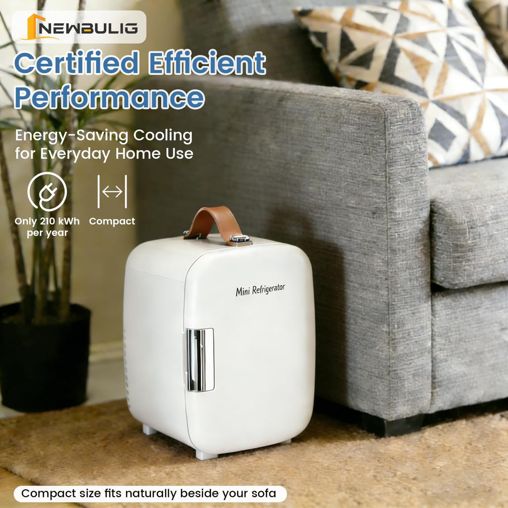 NEWBULIG Mini Fridge for Bedroom, Office & Car, Portable 4L/4.23QT Mini Refrigerator for Skincare with Handle, Ultra-Quiet Energy-Saving Compact Cooler for Drinks, Food, Skincare & Makeup, 12V AC/DC