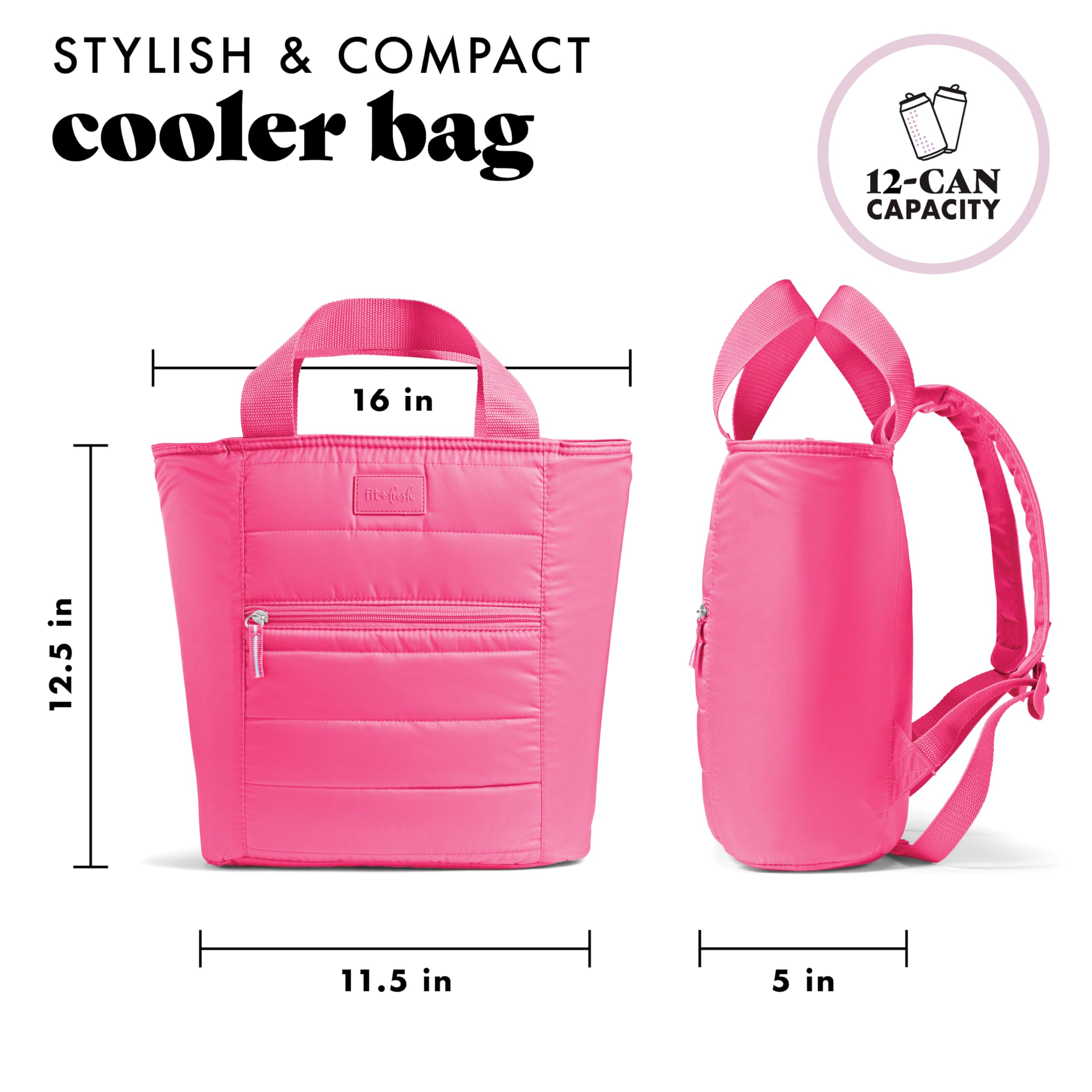 Fit & Fresh Mari Cooler Backpack for Women, Insulated Leakproof Soft Cooler Bag (12 Can), Lunch Tote, Beach Cooler, Lightweight Travel Picnic Tote, Hot Pink