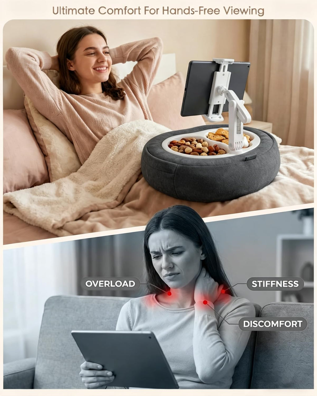 Tablet Pillow Stand, Compatible with 5"-12.9" Kindle, iPad, Phone/Tablet, Google, Samsung, 360° Rotating Phone Holder for Bed, Soft Plush Fabric, Detachable Bowl, Reading and Relaxation on Bed, Pink