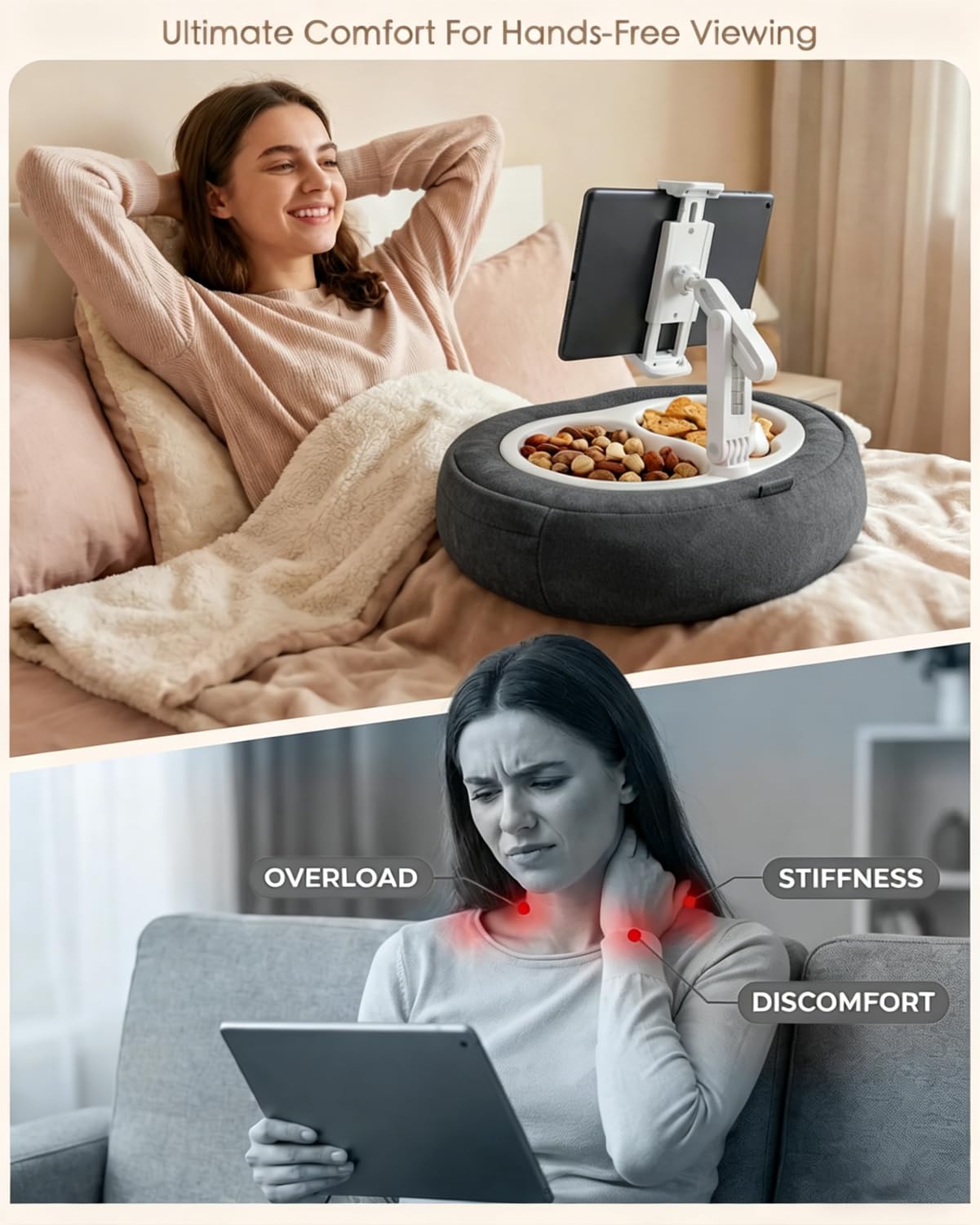 Tablet Pillow Stand, Compatible with 5"-12.9" Kindle, iPad, Phone/Tablet, Google, Samsung, 360° Rotating Phone Holder for Bed, Soft Plush Fabric, Detachable Bowl, Reading and Relaxation on Bed, Pink