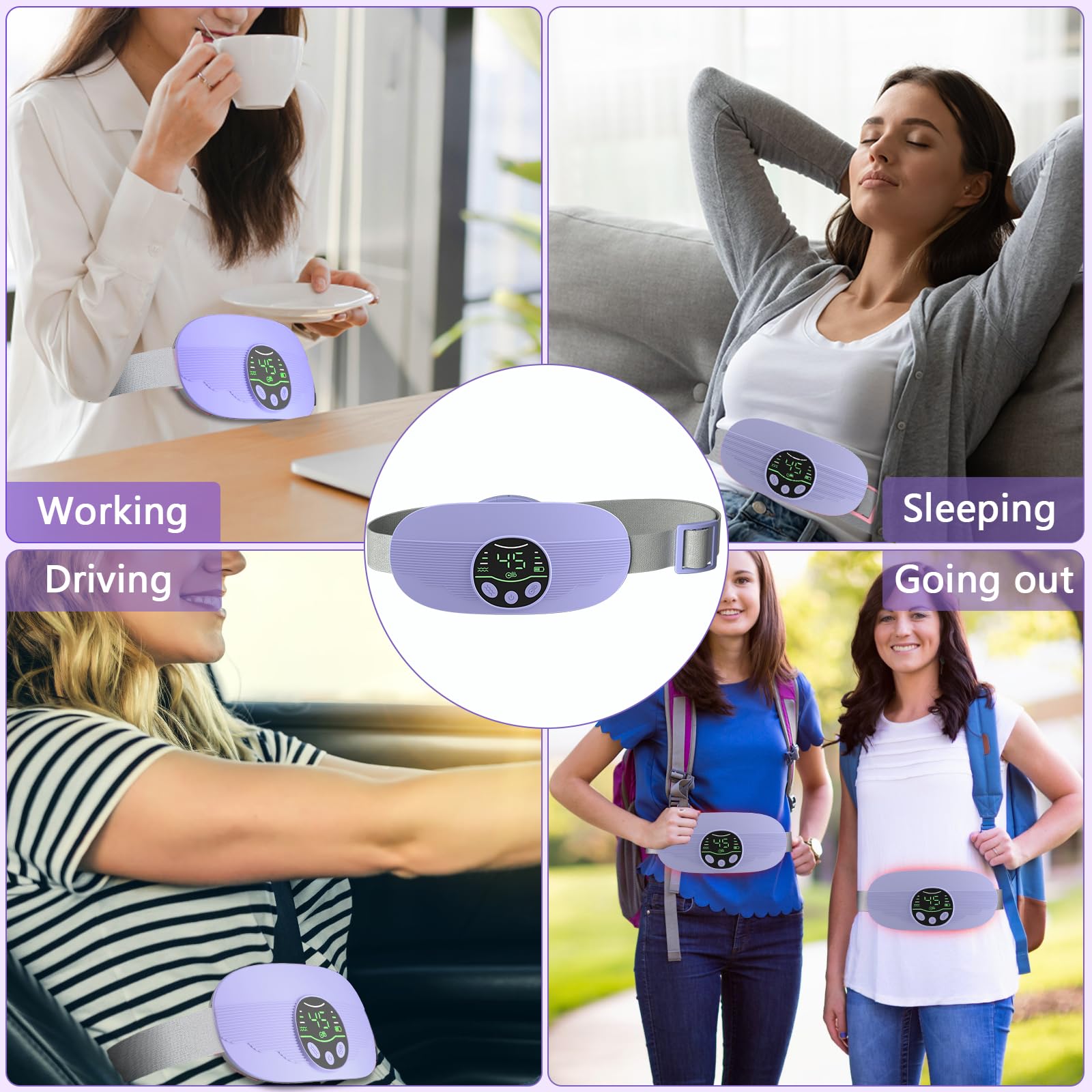 HOTBAG Heating Pad for Period Cramps, Portable Cordless 3S Fast Period Heating Pad Cramp Relief with 3 Heat Levels and 3 Massage Modes, Electric Heating Pad for Pain Relief Gifts for Women (Purple)