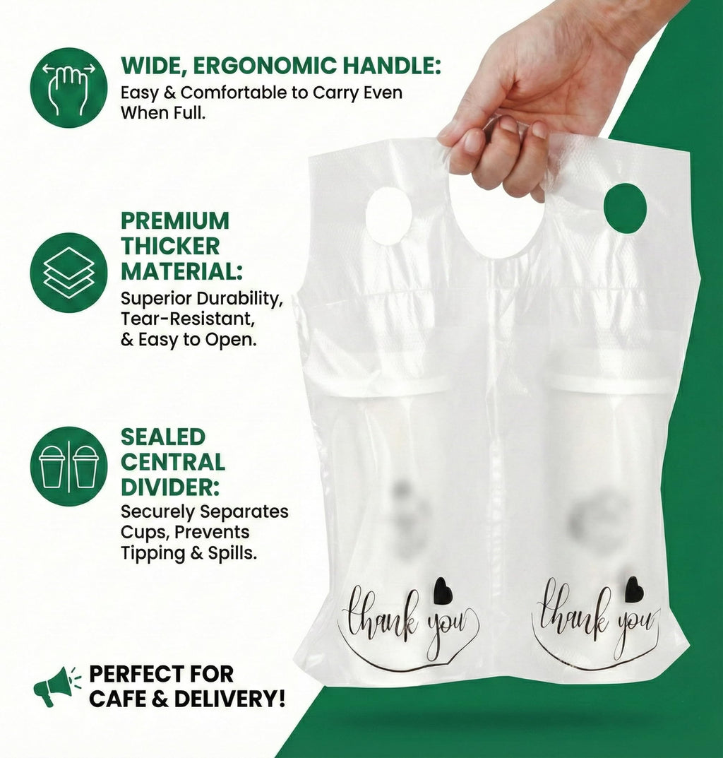 2-Cup Drink Carrier Bags, 32oz Cup Holder for Delivery, 100 pack | Increased 14 inch Width, Stronger Handles, Hot and Cold Beverages, Thick & Stable, Thank You Print, Spill Containment Design