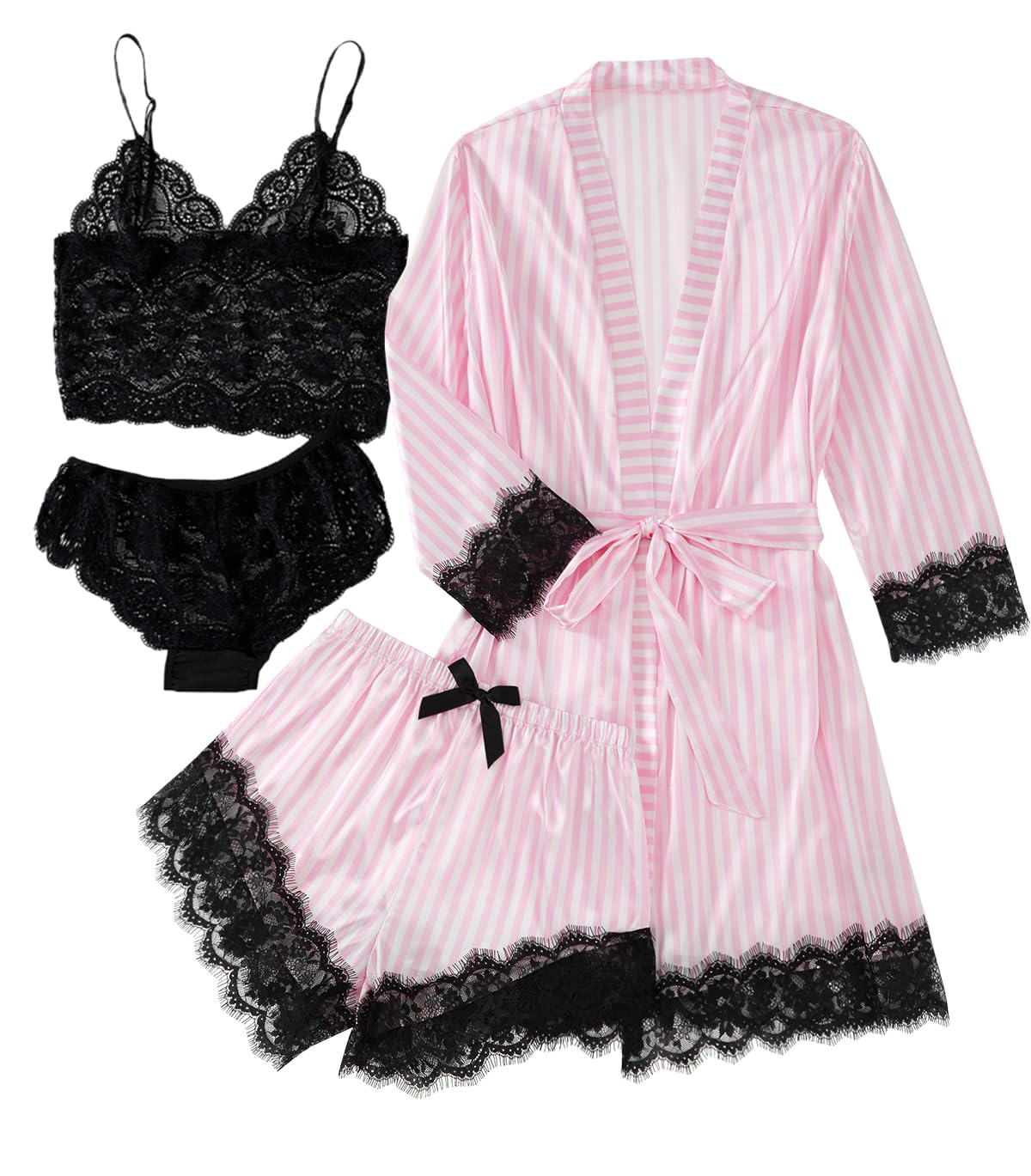 LYANER Women's Sexy Silk Satin Pajamas Set 4pcs Lingerie Nightwear Floral Lace Cami Pjs Sleepwear with Robe