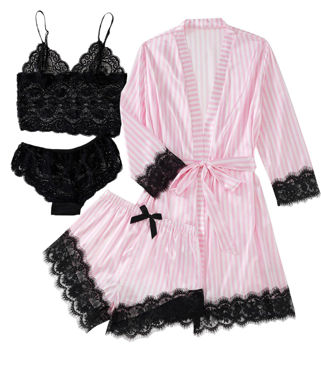 LYANER Women's Sexy Silk Satin Pajamas Set 4pcs Lingerie Nightwear Floral Lace Cami Pjs Sleepwear with Robe