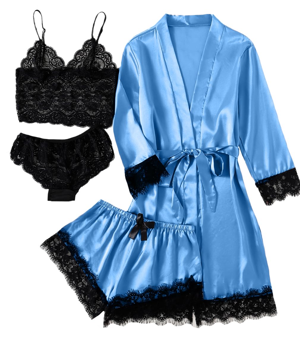 LYANER Women's Sexy Silk Satin Pajamas Set 4pcs Lingerie Nightwear Floral Lace Cami Pjs Sleepwear with Robe
