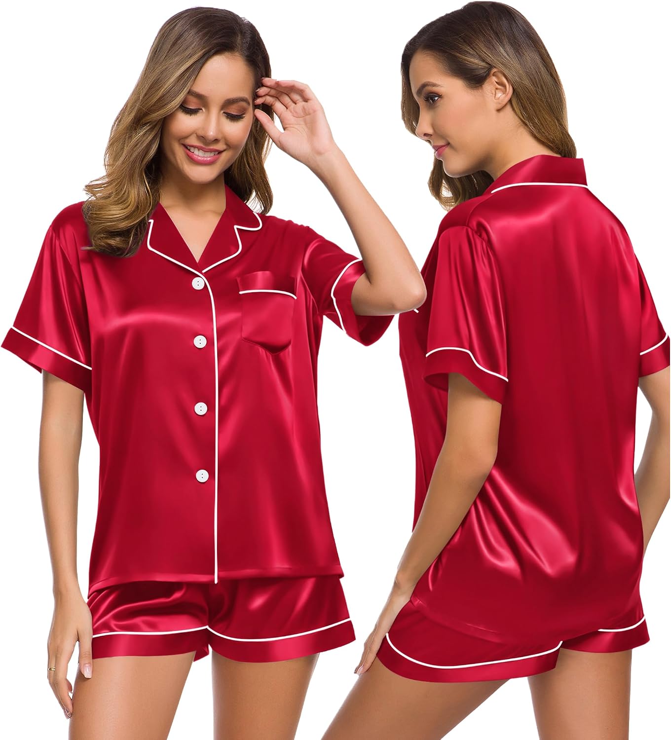 SWOMOG Womens Silk Satin Pajamas Set Short Sleeve Sleepwear Button Down Top and Shorts Loungewear 2 Piece Pjs Set XS-3XL