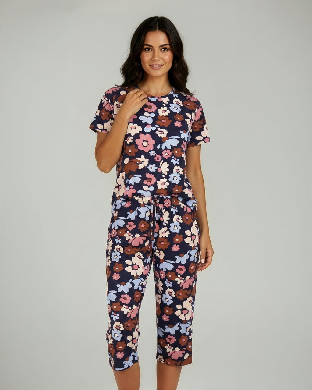 Real Essentials 2 Pack: Womens Pajamas Short Sleeve Sleepwear Tops and Capri Pants Pjs Print Pajama Sets (Available In Plus)