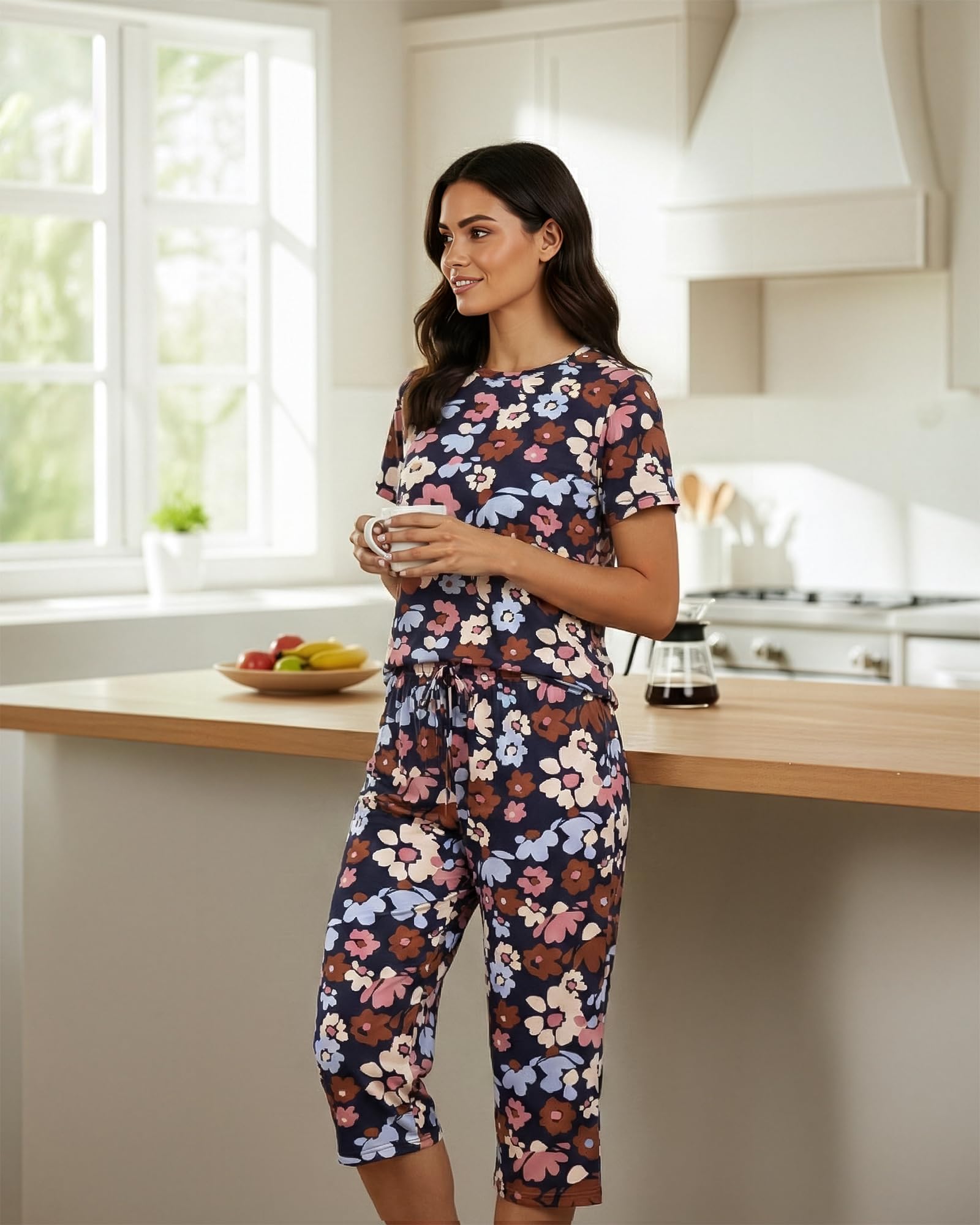 Real Essentials 2 Pack: Womens Pajamas Short Sleeve Sleepwear Tops and Capri Pants Pjs Print Pajama Sets (Available In Plus)