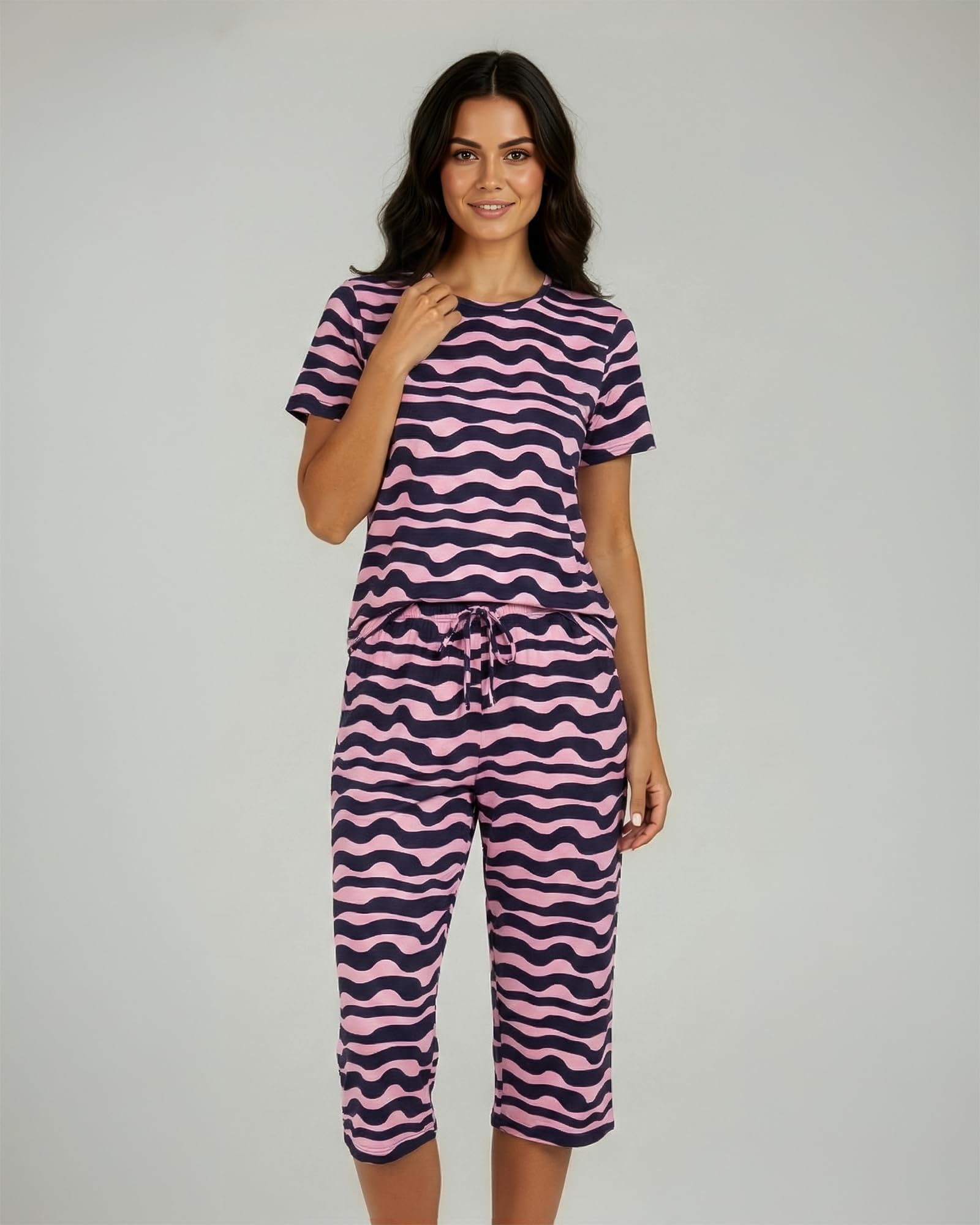 Real Essentials 2 Pack: Womens Pajamas Short Sleeve Sleepwear Tops and Capri Pants Pjs Print Pajama Sets (Available In Plus)