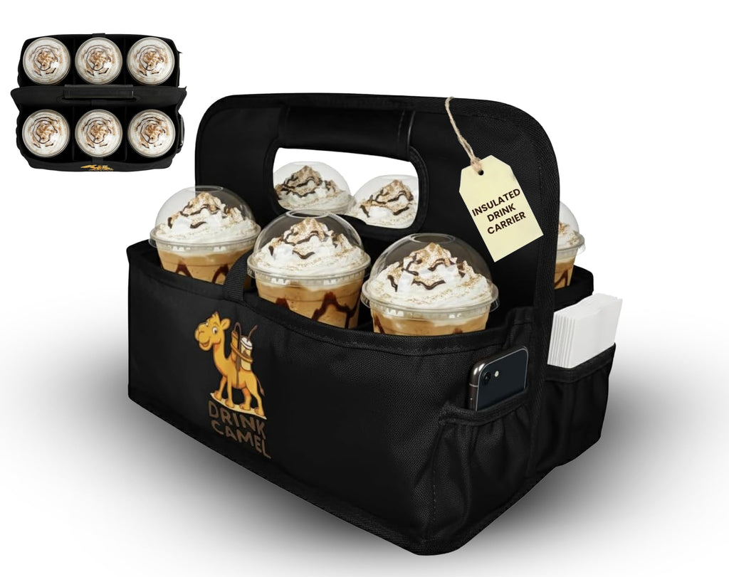 Reusable Drink Carrier with Handle – Durable No-Spill Insulated & Collapsible Beverage Bag with Pockets, Portable Caddy for On-the-Go Delivery, Travel & Car Use (6 Cup Carrier, Jet Black)