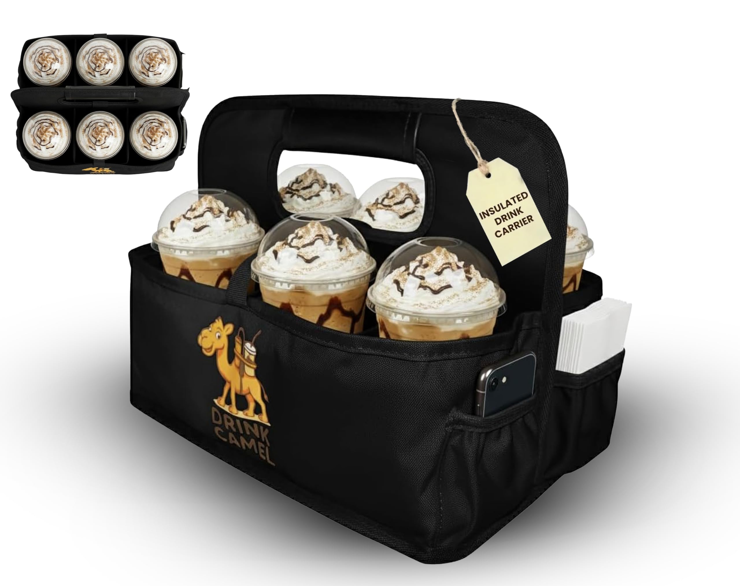 Reusable Drink Carrier with Handle – Durable No-Spill Insulated & Collapsible Beverage Bag with Pockets, Portable Caddy for On-the-Go Delivery, Travel & Car Use (6 Cup Carrier, Jet Black)
