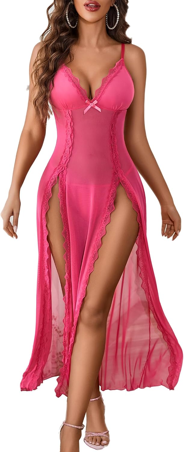 Avidlove Women Lingerie Lace Babydoll Chemise Sexy Mesh Nightdress V Neck Nightwear Side Split Nightgown