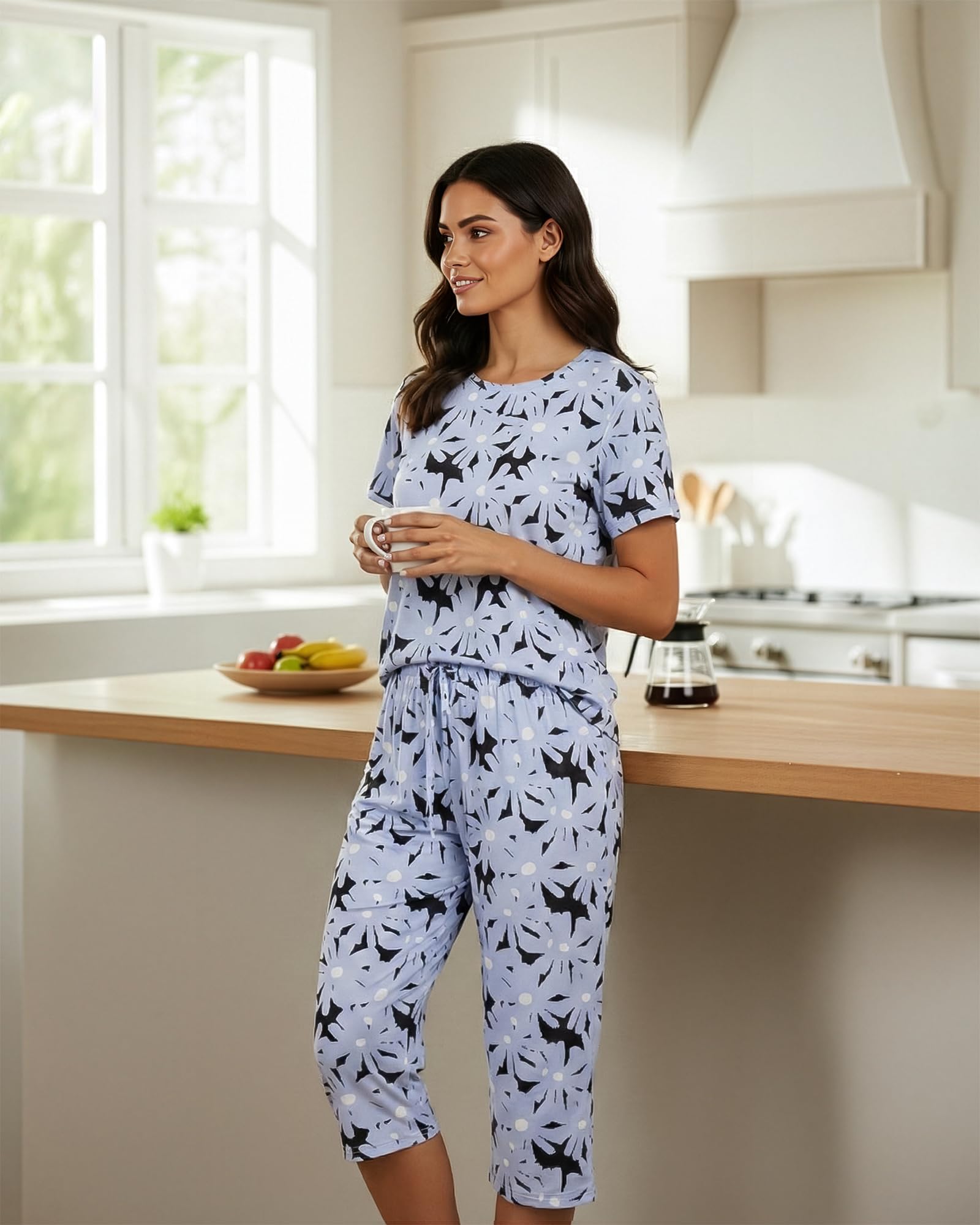 Real Essentials 2 Pack: Womens Pajamas Short Sleeve Sleepwear Tops and Capri Pants Pjs Print Pajama Sets (Available In Plus)