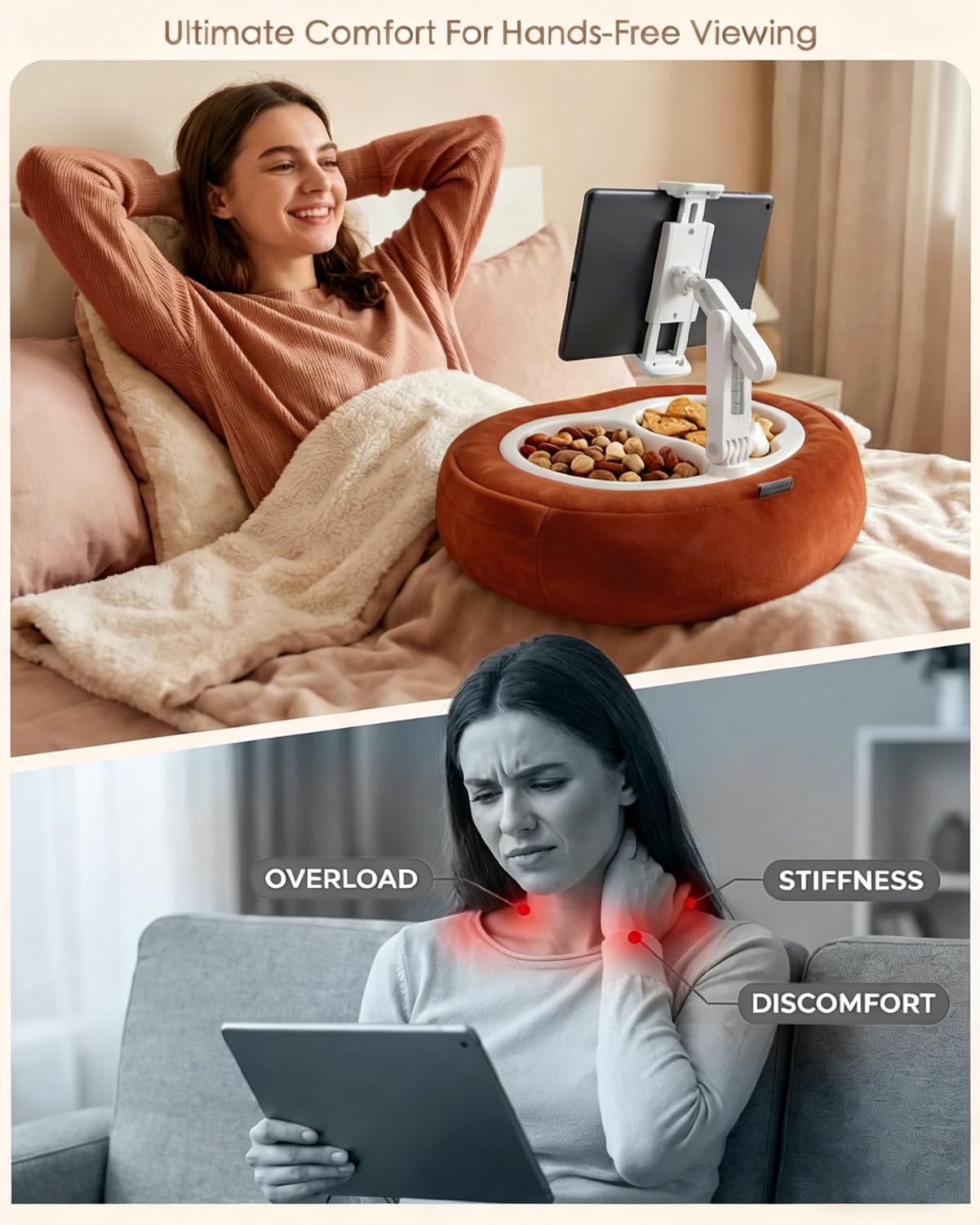 Tablet Pillow Stand, Compatible with 5"-12.9" Kindle, iPad, Phone/Tablet, Google, Samsung, 360° Rotating Phone Holder for Bed, Soft Plush Fabric, Detachable Bowl, Reading and Relaxation on Bed, Pink