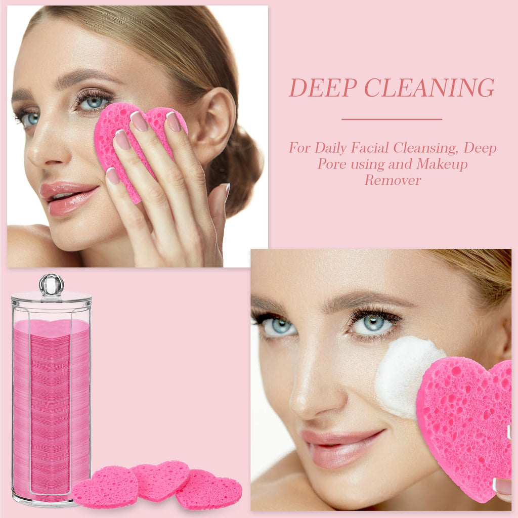 Sieral 120 Pcs Compressed Facial Sponges for Women with Container Disposable Face Sponge Pads for Mask Washing Face Cleansing Exfoliating Pore Esthetician Makeup Removal(Heart,Multicolor)