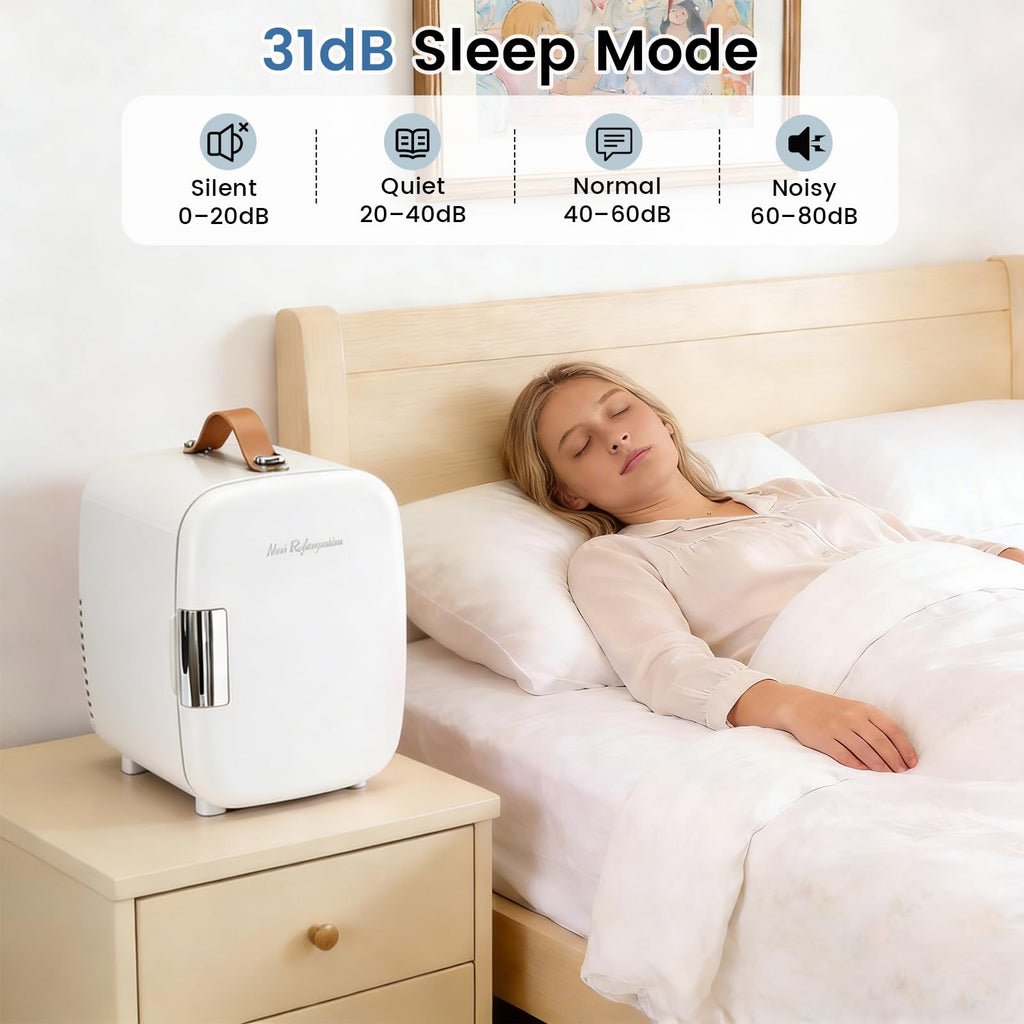 NEWBULIG Mini Fridge for Bedroom, Office & Car, Portable 4L/4.23QT Mini Refrigerator for Skincare with Handle, Ultra-Quiet Energy-Saving Compact Cooler for Drinks, Food, Skincare & Makeup, 12V AC/DC