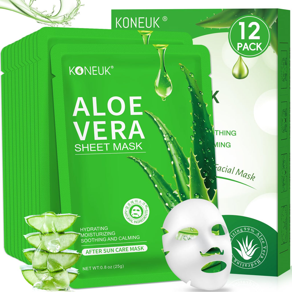 KONEUK 30 Pack Aloe Vera Hydrating Face Masks Skincare, Moisturizing & Soothing Sheet Face Mask for Skin Care, Bulk Aloe Face Masks for After Sun Skin Care, Spa Party Gifts for Women