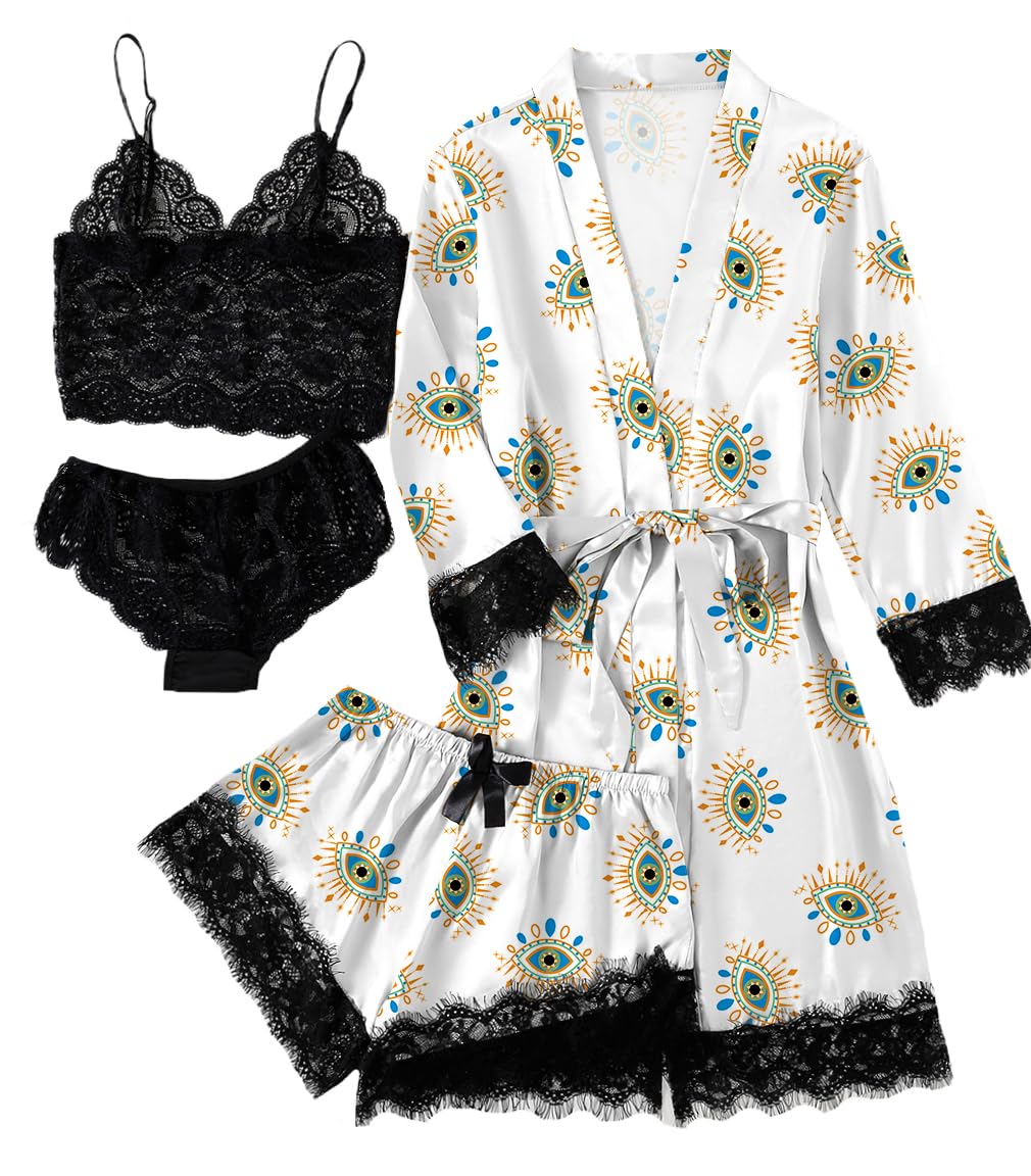 LYANER Women's Sexy Silk Satin Pajamas Set 4pcs Lingerie Nightwear Floral Lace Cami Pjs Sleepwear with Robe