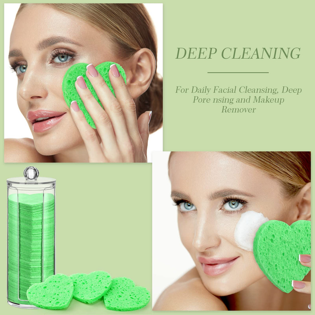 Sieral 120 Pcs Compressed Facial Sponges for Women with Container Disposable Face Sponge Pads for Mask Washing Face Cleansing Exfoliating Pore Esthetician Makeup Removal(Heart,Multicolor)