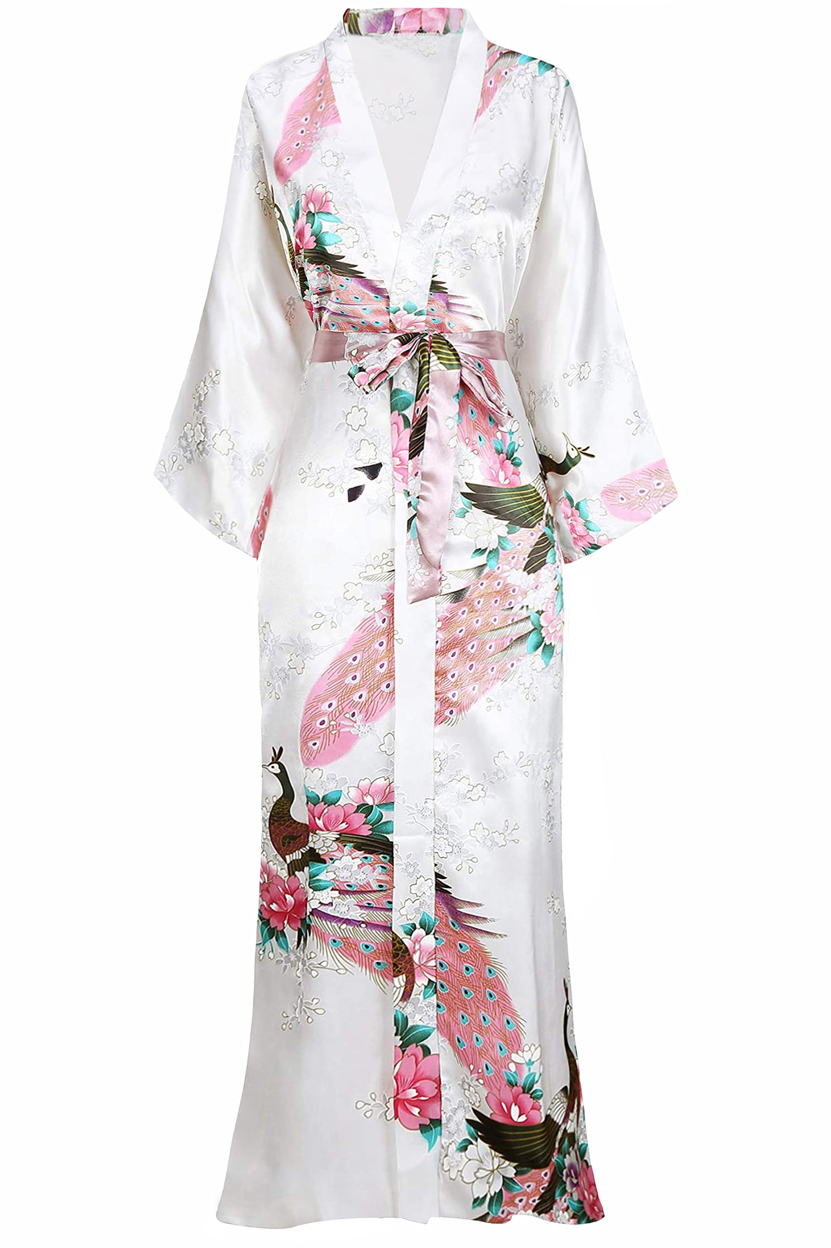BABEYOND Women's Kimono Robe Long Satin Robes with Peacock and Blossoms Printed Kimono Nightgown