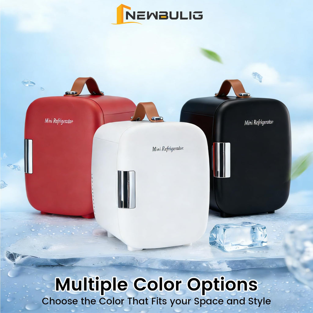 NEWBULIG Mini Fridge for Bedroom, Office & Car, Portable 4L/4.23QT Mini Refrigerator for Skincare with Handle, Ultra-Quiet Energy-Saving Compact Cooler for Drinks, Food, Skincare & Makeup, 12V AC/DC