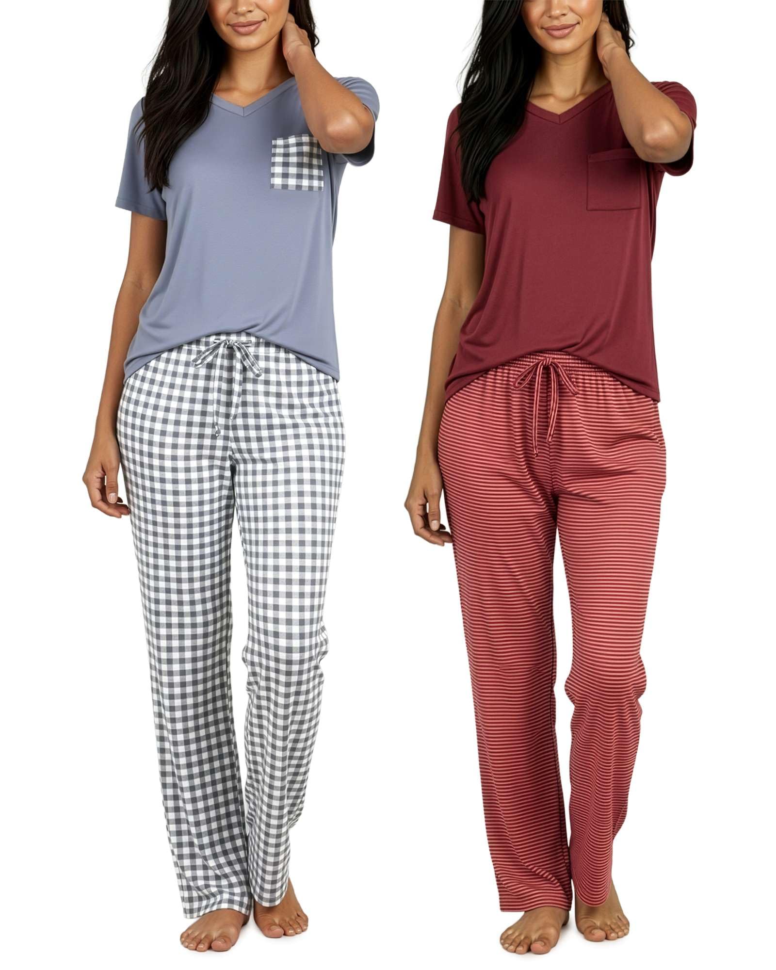 Real Essentials 2 Pack: Women's Comfy Pajama Sets - Short Sleeve Ladies Loungewear Sleepwear PJs (Available In Plus)