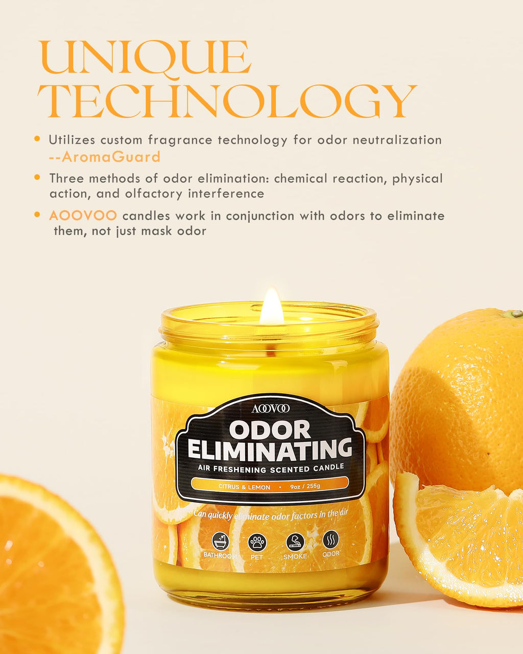 AOOVOO 4 Pack Citrus Lemon Odor Eliminating Highly Fragranced Candle Set - Eliminates 95% of Pet, Smoke, Food, and Other Smells Quickly, Non Toxic Air Freshing Soy Candle