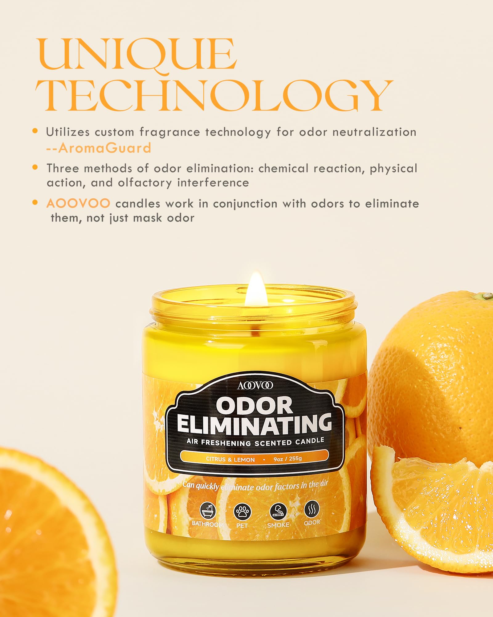 AOOVOO 4 Pack Citrus Lemon Odor Eliminating Highly Fragranced Candle Set - Eliminates 95% of Pet, Smoke, Food, and Other Smells Quickly, Non Toxic Air Freshing Soy Candle
