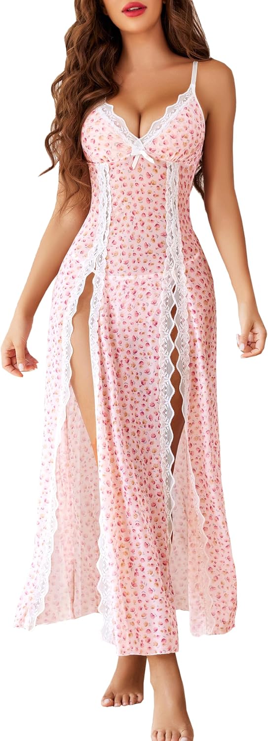 Avidlove Women Lingerie Lace Babydoll Chemise Sexy Mesh Nightdress V Neck Nightwear Side Split Nightgown