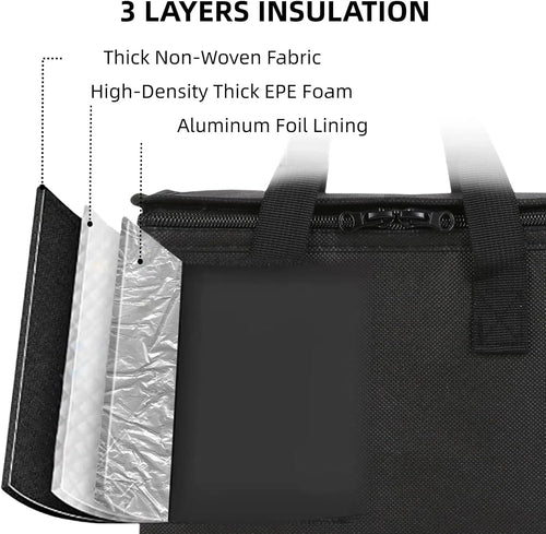 19.6" x 19.6" x 5.9" Insulated Pizza Delivery Bag with Zipper Closure, Thermal Food Carrier for Hot & Cold Meals, Reusable Delivery Bag for Catering, Transport & Home Use, Black (1 Pack)
