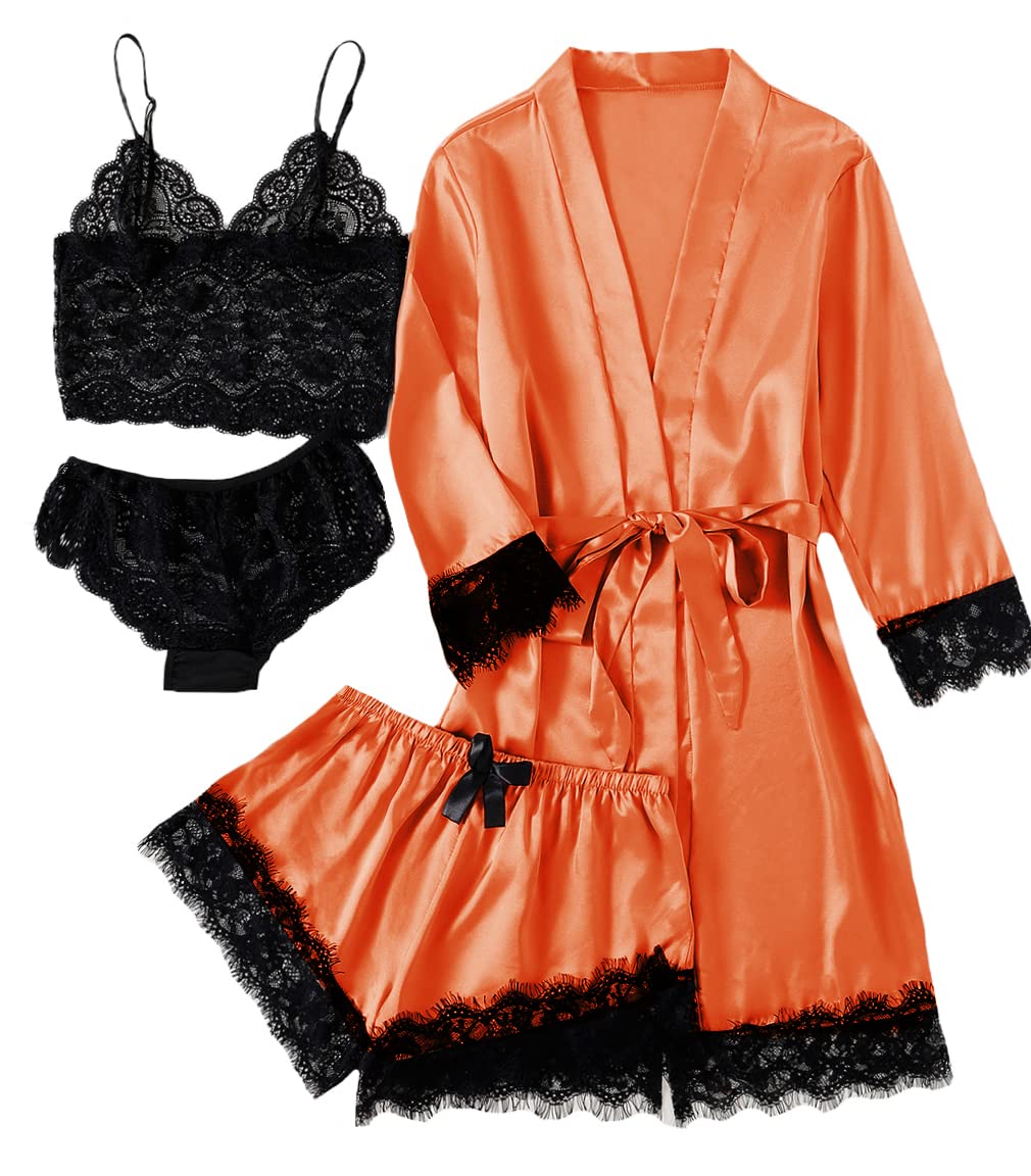 LYANER Women's Sexy Silk Satin Pajamas Set 4pcs Lingerie Nightwear Floral Lace Cami Pjs Sleepwear with Robe
