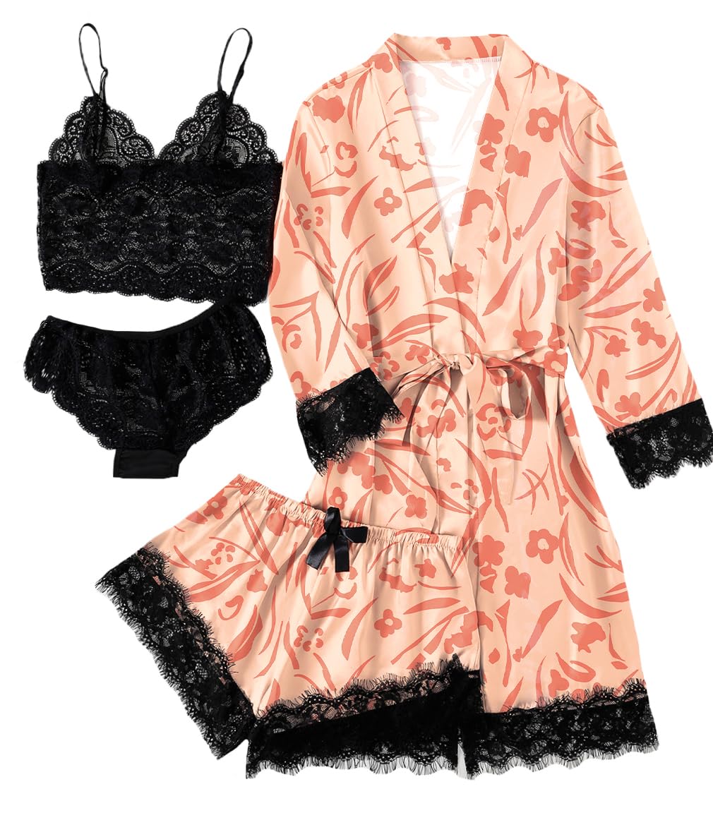 LYANER Women's Sexy Silk Satin Pajamas Set 4pcs Lingerie Nightwear Floral Lace Cami Pjs Sleepwear with Robe