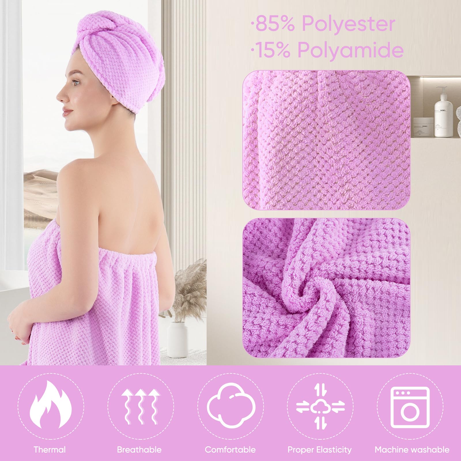 Spa Robe Bath wrap Towels for Women and Hair Drying Towel Waffle Spa Wraps with Pocket Adjustable Closure Lightweight Towel Wraps for Bath Shower (4, Purple)