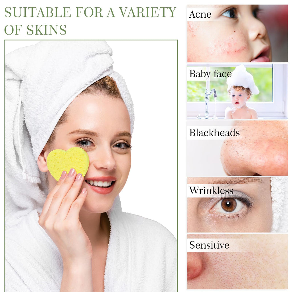 Sieral 120 Pcs Compressed Facial Sponges for Women with Container Disposable Face Sponge Pads for Mask Washing Face Cleansing Exfoliating Pore Esthetician Makeup Removal(Heart,Multicolor)