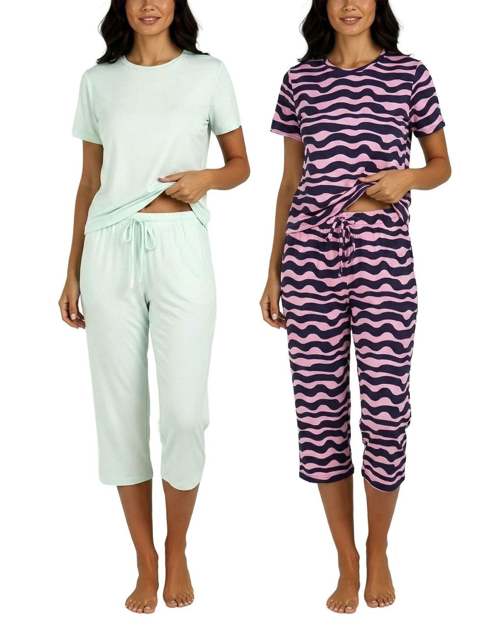 Real Essentials 2 Pack: Womens Pajamas Short Sleeve Sleepwear Tops and Capri Pants Pjs Print Pajama Sets (Available In Plus)