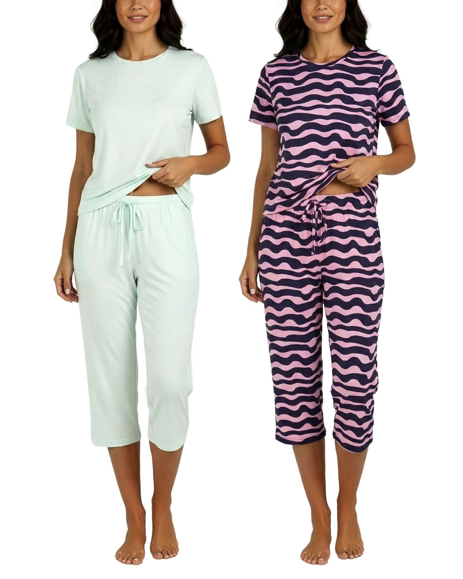 Real Essentials 2 Pack: Womens Pajamas Short Sleeve Sleepwear Tops and Capri Pants Pjs Print Pajama Sets (Available In Plus)