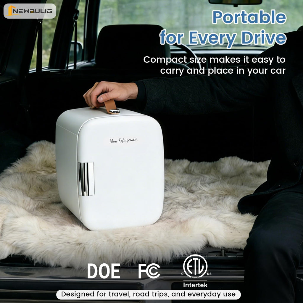 NEWBULIG Mini Fridge for Bedroom, Office & Car, Portable 4L/4.23QT Mini Refrigerator for Skincare with Handle, Ultra-Quiet Energy-Saving Compact Cooler for Drinks, Food, Skincare & Makeup, 12V AC/DC