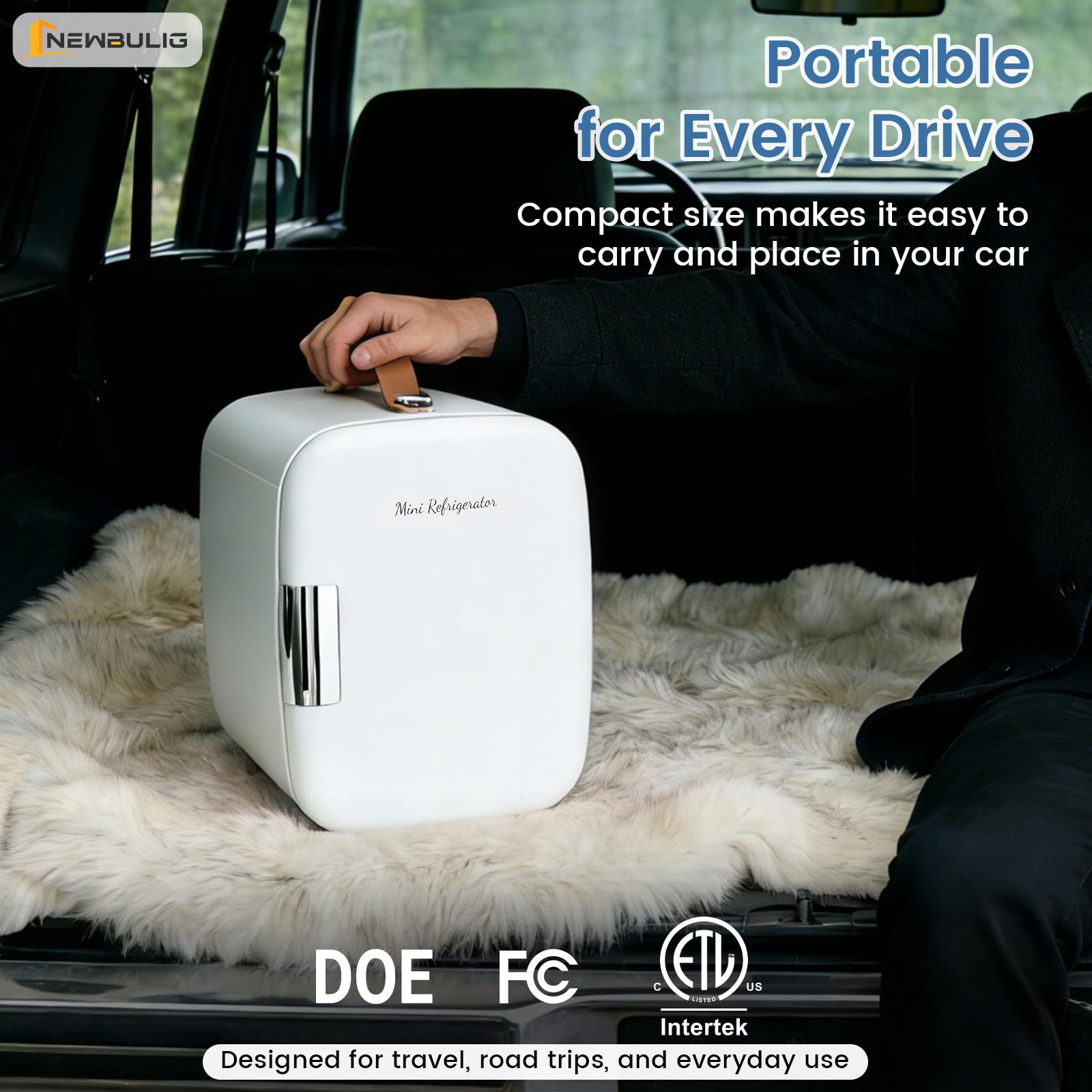 NEWBULIG Mini Fridge for Bedroom, Office & Car, Portable 4L/4.23QT Mini Refrigerator for Skincare with Handle, Ultra-Quiet Energy-Saving Compact Cooler for Drinks, Food, Skincare & Makeup, 12V AC/DC