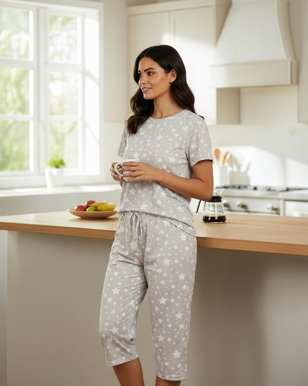 Real Essentials 2 Pack: Womens Pajamas Short Sleeve Sleepwear Tops and Capri Pants Pjs Print Pajama Sets (Available In Plus)