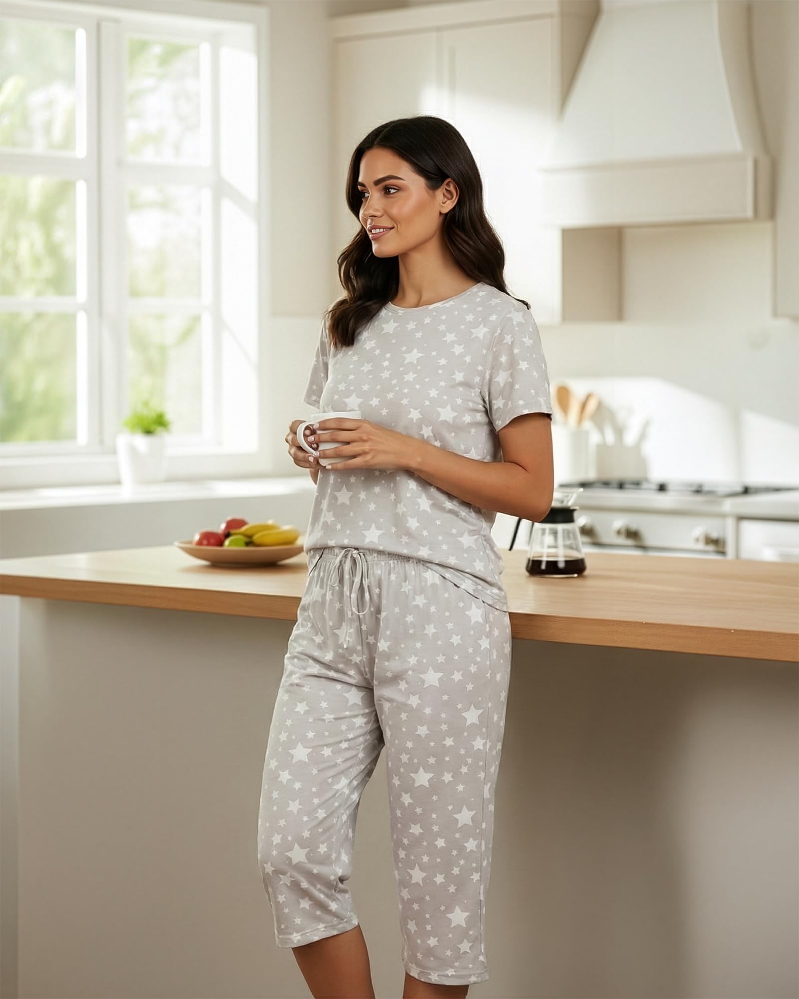 Real Essentials 2 Pack: Womens Pajamas Short Sleeve Sleepwear Tops and Capri Pants Pjs Print Pajama Sets (Available In Plus)