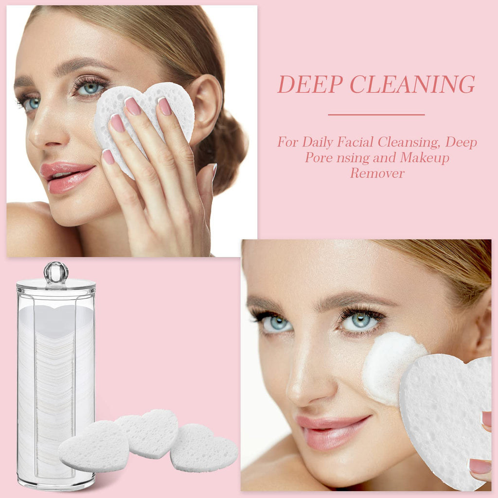 Sieral 120 Pcs Compressed Facial Sponges for Women with Container Disposable Face Sponge Pads for Mask Washing Face Cleansing Exfoliating Pore Esthetician Makeup Removal(Heart,Multicolor)