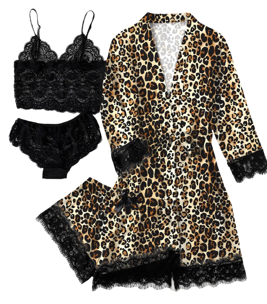 LYANER Women's Sexy Silk Satin Pajamas Set 4pcs Lingerie Nightwear Floral Lace Cami Pjs Sleepwear with Robe